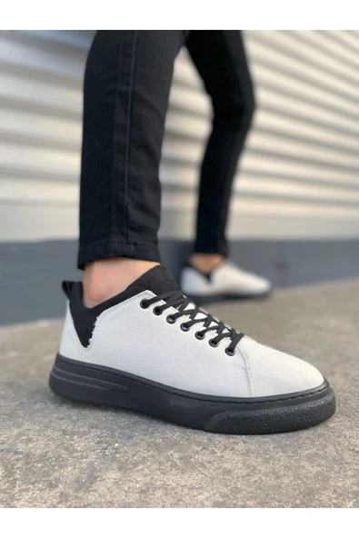 JY204 Flex Bağcıklı Keten Kumaş Erkek Günlük Sneaker Ayakkabı KST - Beyaz/Siyah ürün görseli 1
