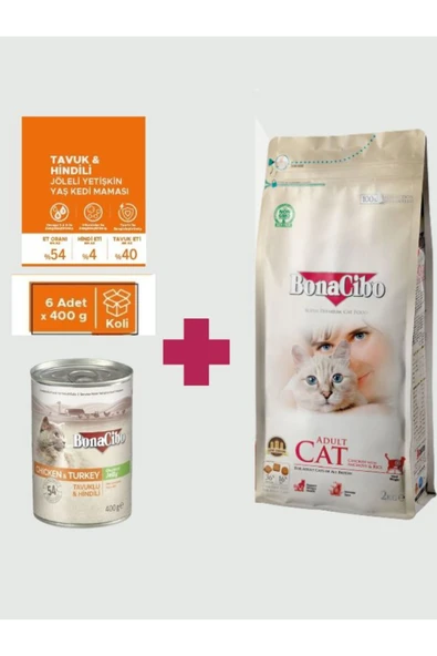 Bonacibo Yetişkin Kedi Maması Seti (2 Kg Tavuklu Kuru + 6x400 gr Tavuk & Hindi Konserve) ürün görseli 1