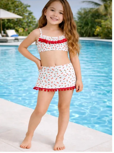 Cg Kids Kiraz Desenli Bikini Takımı Fırfırlı Etekli Mayo Kız Çocuk Alt Üst Takım ürün görseli 1