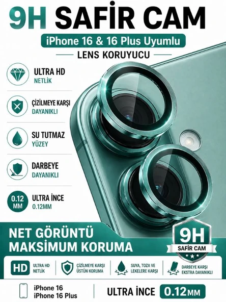 iPhone 16 / 16 Plus Deniz Yeşili Metal Kamera Lens Koruyucu Safir Cam Ultra Net HD ürün görseli 1