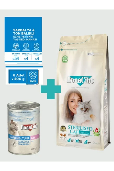 Bonacibo Sterilised Somonlu Kedi Maması 2 Kg & Deniz Ürünlü Yaş Mama Seti (6x400 gr) ürün görseli 1