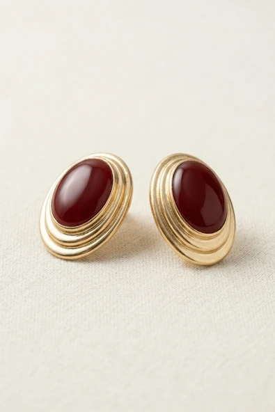 Gold Bordo Sedefli Silindir Küpe - Resim 2
