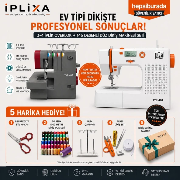 Typeak Dikiş Makinesi Seti – 145 Desenli Elektronik Düz Dikiş Makinesi + 3-4 Iplik Overlok Makinesi ürün görseli 1