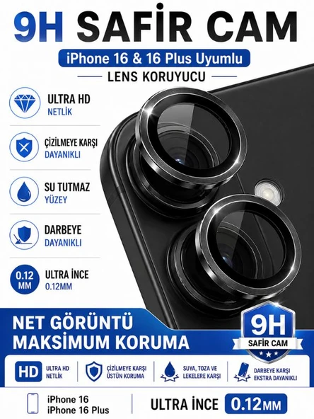 iPhone 16 / 16 Plus Siyah Metal Kamera Lens Koruyucu Safir Cam Ultra Net HD ürün görseli 1