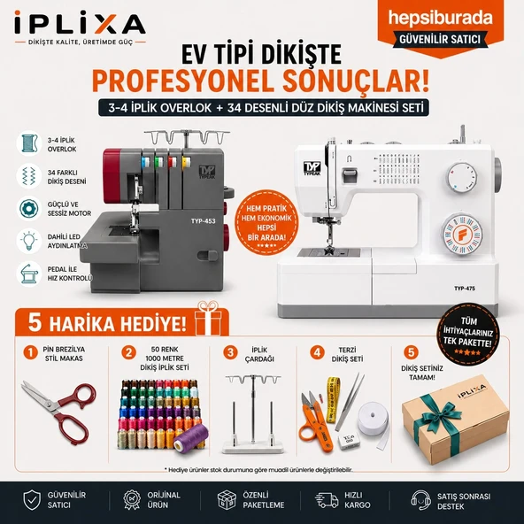 İPLİXA Typeak Ev Tipi Dikiş Makinesi Seti – 3-4 Iplik Overlok + 34 Desenli Düz Dikiş Makinesi + 5 Lİ ürün görseli 1