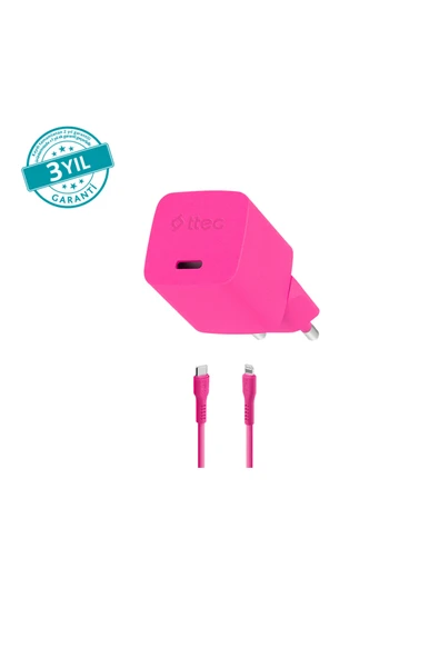 SmartCharger GAN 20W PD Seyahat Hızlı Şarj Aleti+USB-C-Lightning 120cm Kablo Neon Pembe ürün görseli 1