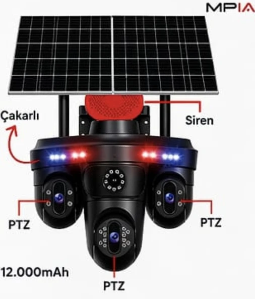 4 kameralı 3 PTZ 16mp 4G Solar 4 Lensli Sim Kartlı Çift Güneş Panelli Güvenlik Kamerası MPİA ürün görseli 1