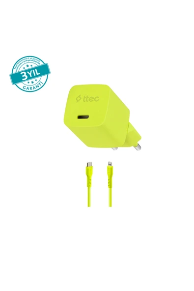 SmartCharger GAN 20W PD Seyahat Hızlı Şarj Aleti + USB-C - Lightning 120cm Kablo Neon Sarı ürün görseli 1