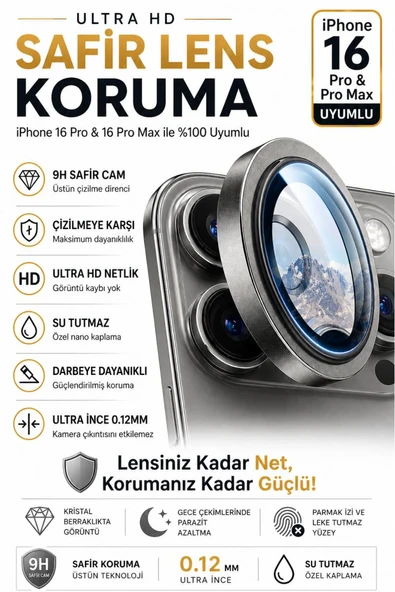 iPhone 16 Pro / 16 Promax Titanyum Gri Metal Kamera Lens Koruyucu Safir Cam Ultra Net HD ürün görseli 1