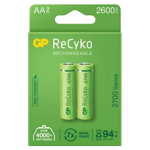 Gp Recyko 2600Mah Aa Şarj Edilebilir Kalem Pil 2'Li Paket ürün görseli 1