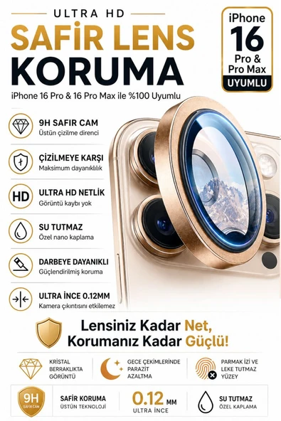 iPhone 16 Pro / 16 Promax Çöl Titanyum Metal Kamera Lens Koruyucu Safir Cam Ultra Net HD ürün görseli 1