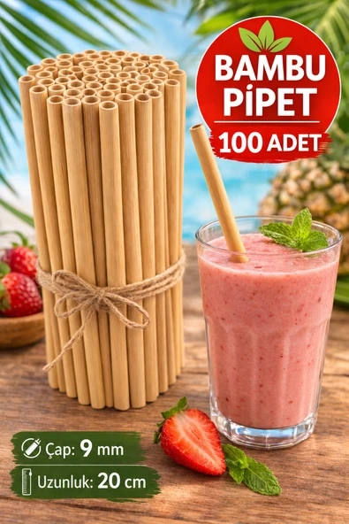 100 Adet Bambu Pipet 9mm x 20cm Kalın Smoothie Pipeti Doğal Çevre Dostu ürün görseli 1
