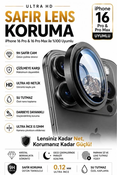 iPhone 16 Pro / 16 Promax Siyah Metal Kamera Lens Koruyucu Safir Cam Ultra Net HD ürün görseli 1
