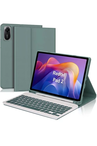 Xiaomi Redmi Pad 2 Tablet Uyumlu Klavyeli Kılıf Bluetooth Özellikli Türkçe Tuşlar Kalem Bölmeli  YEŞİL ürün görseli 1