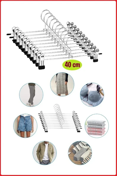 Mandallı Metal Pantolon & Etek Askısı Gümüş Renk, 40 Cm, 10 Adet ürün görseli 1