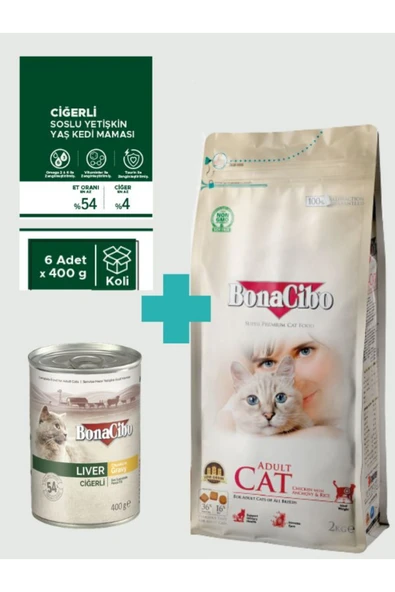 Bonacibo Adult Tavuklu Kuru Mama 2 Kg & Soslu Ciğerli Konserve Avantaj Paketi (6x400 gr) ürün görseli 1