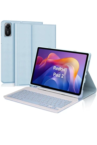 Xiaomi Redmi Pad 2 Tablet Uyumlu Klavyeli Kılıf Bluetooth Özellikli Türkçe Tuşlar Kalem Bölmeli  MAVİ ürün görseli 1