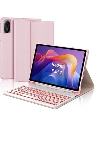 Xiaomi Redmi Pad 2 Tablet Uyumlu Klavyeli Kılıf Bluetooth Özellikli Türkçe Tuşlar Kalem Bölmeli  PEMBE ürün görseli 1