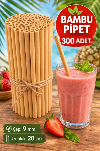 300 Adet Bambu Pipet 9mm x 20cm Kalın Smoothie Pipeti Doğal Çevre Dostu ürün görseli 1