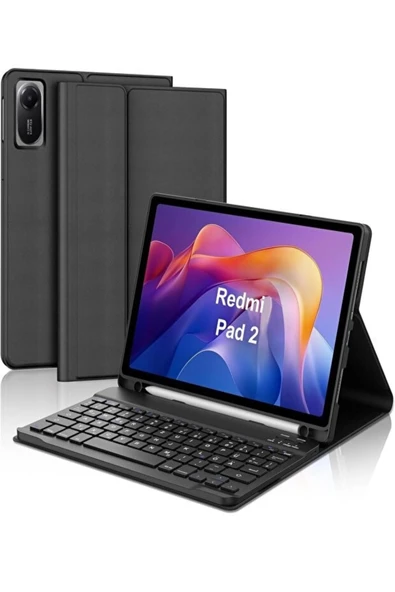 Xiaomi Redmi Pad 2 Tablet Uyumlu Klavyeli Kılıf Bluetooth Özellikli Türkçe Tuşlar Kalem Bölmeli  SİYAH ürün görseli 1