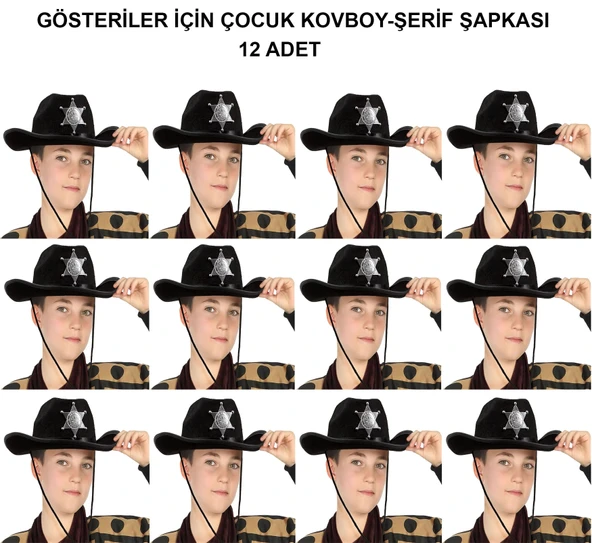 Kovboy Şerif Şapkası Siyah 12 Adet - Kostüm, Parti Gösteri Şapkası ürün görseli 1