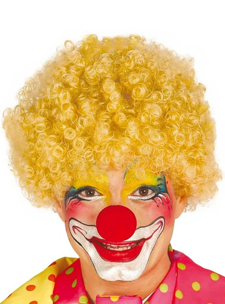 Sarı Renk Kıvırcık Afro Bonus Peruk Takma Saç Kırmızı Burun Seti ürün görseli 1