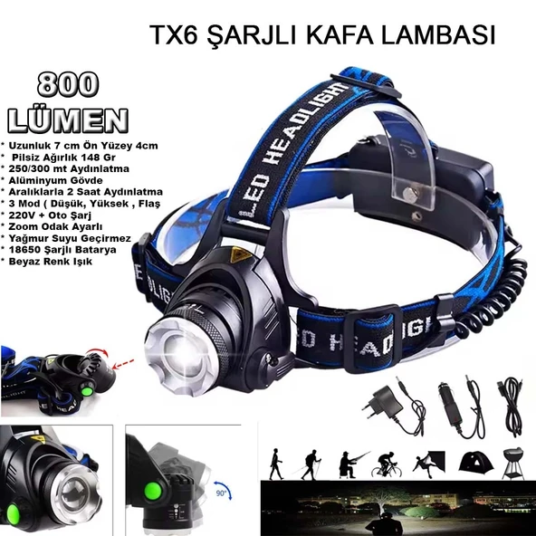 800 Lümen Tx6 Şarjlı Zoomlu Kafa Feneri Wt-120 ürün görseli 1