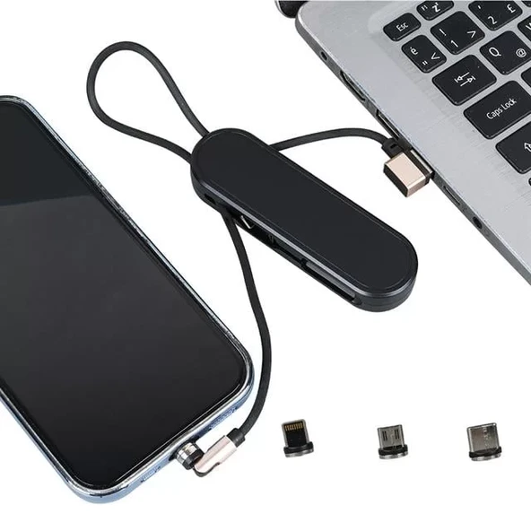 Pm-25906 Siyah 3In1 (Type C- Lightning- Micro Usb) Manyetik Uç Taşınabilir Şarj Kablosu ürün görseli 1