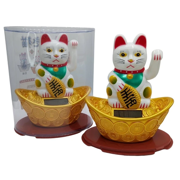 Maneki Neko El Sallayan Şans Kedisi Beyaz Solar Güneş Enerjili 14x12cm NO3BYZ ürün görseli 1