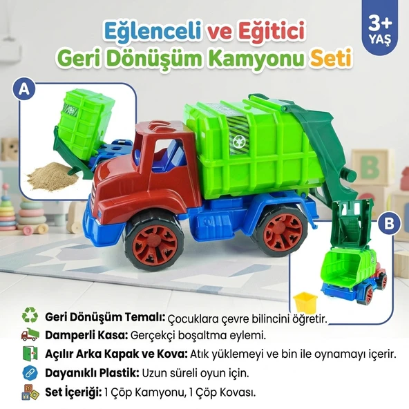 Oyuncak Çöp Kamyonu ve Çöp Kovası Seti 25x15x13cm Hareketli Kasa ürün görseli 1
