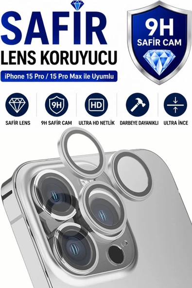 iPhone 15 Pro / 15 Promax Beyaz Titanyum Metal Kamera Lens Koruyucu Safir Cam Ultra Net HD ürün görseli 1