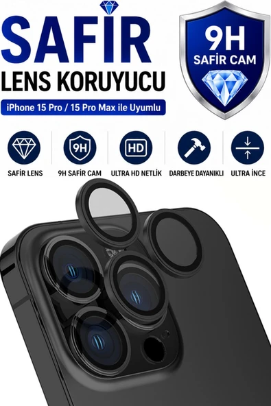 iPhone 15 Pro / 15 Promax Siyah Titanyum Metal Kamera Lens Koruyucu Safir Cam Ultra Net HD ürün görseli 1