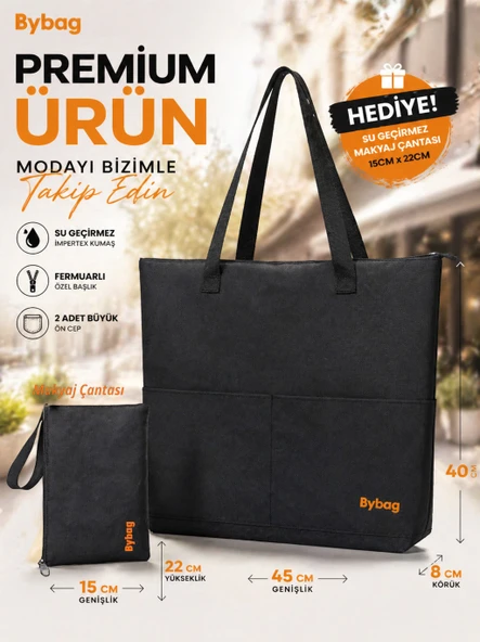 Su Geçirmez İmpertex Büyük Boy Kadın Kol Çantası 45x40 cm Fermuarlı 2 Cepli + Hediye Makyaj Çantası 15x22 cm ürün görseli 1