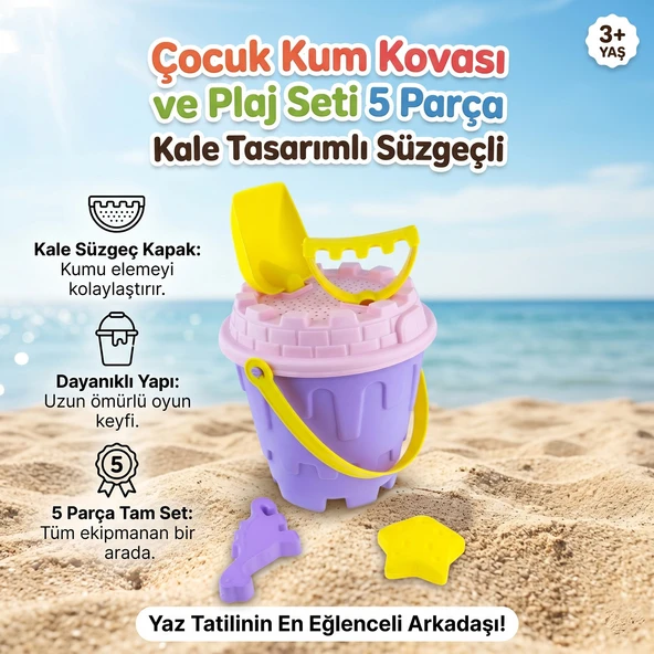 Çocuk Kum Kovası ve Plaj Seti 5 Parça Kale Tasarımlı Süzgeçli Mor ürün görseli 1