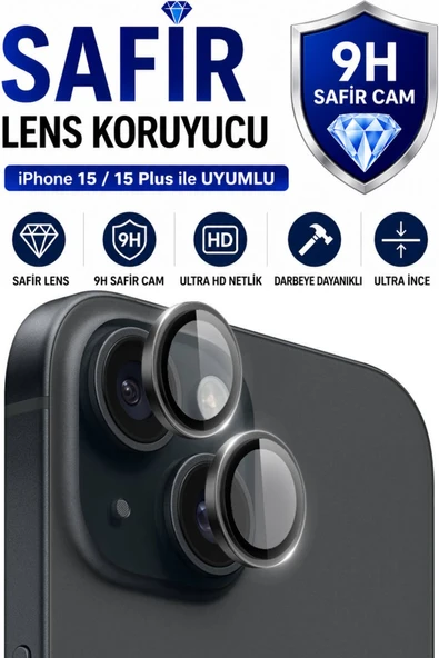 iPhone 15 / 15 Plus Siyah Metal Kamera Lens Koruyucu Safir Cam Ultra Net HD ürün görseli 1