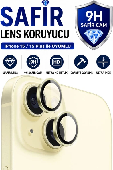 iPhone 15 / 15 Plus Sarı Metal Kamera Lens Koruyucu Safir Cam Ultra Net HD ürün görseli 1