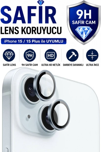 iPhone 15 / 15 Plus Mavi Metal Kamera Lens Koruyucu Safir Cam Ultra Net HD ürün görseli 1