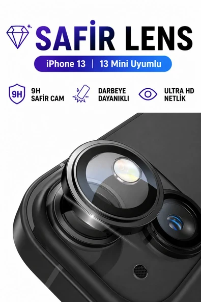 iPhone 13 / 13 Mini Siyah Metal Kamera Lens Koruyucu Safir Cam Ultra Net HD ürün görseli 1