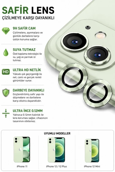 iPhone 11 / 12 / 12 Mini Açık Yeşil Metal Kamera Lens Koruyucu Safir Cam Ultra Net HD ürün görseli 1