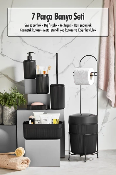 7 Parça Siyah Banyo Seti Metal Stantlı Kovalı Wc Kağıtlık Kozmetik Kutusu Diş Fırçalık Ve Sabunlukla ürün görseli 1