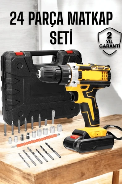 Çift Bataryalı Metal Dişli Darbeli Şarjlı Matkap Seti 24w Güç Ve 24 Parça Aksesuar ürün görseli 1