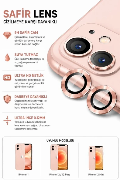 iPhone 11 / 12 / 12 Mini Pembe Metal Kamera Lens Koruyucu Safir Cam Ultra Net HD ürün görseli 1
