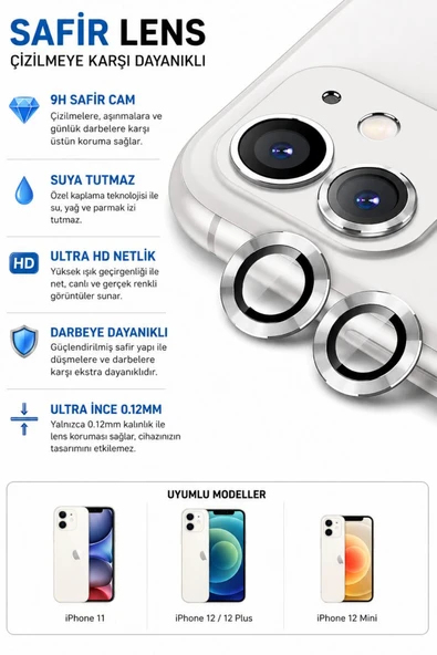 iPhone 11 / 12 / 12 Mini Açık Gri Metal Kamera Lens Koruyucu Safir Cam Ultra Net HD ürün görseli 1