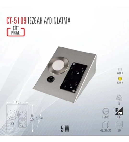 CATA Satin Kasa Üçgen Tezgah Altı Çift Priz 1w Beyaz Işık Anahtarlı  Spot 220v (Krom Kasa) ürün görseli 1