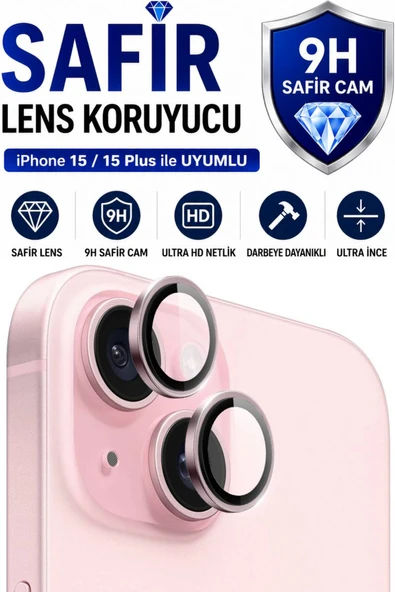 iPhone 15 / 15 Plus Pembe Metal Kamera Lens Koruyucu Safir Cam Ultra Net HD ürün görseli 1