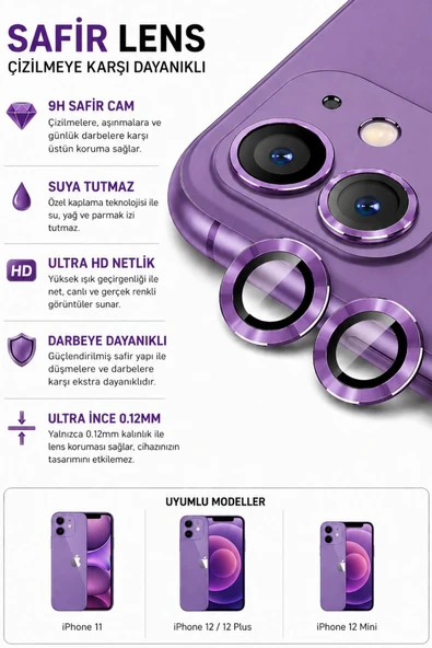 iPhone 11 / 12 / 12 Mini Purple Mor Metal Kamera Lens Koruyucu Safir Cam Ultra Net HD ürün görseli 1