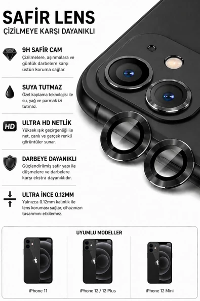 iPhone 11 / 12 / 12 Mini Siyah Metal Kamera Lens Koruyucu Safir Cam Ultra Net HD ürün görseli 1
