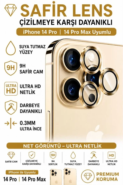 iPhone 14 Pro / 14 Promax Altın Metal Kamera Lens Koruyucu Safir Cam Ultra Net HD ürün görseli 1