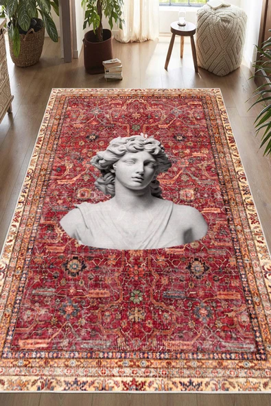 Bordo Kilim Antik Büst Desenli Kaymaz Taban Yıkanabilir Halı 80 x 200 cm Bordo ürün görseli 1
