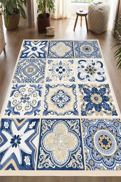 Dijital Baskılı Mavi Çini Desenli Kaymaz Taban Yıkanabilir Halı 200 x 290 cm Mavi ürün görseli 1